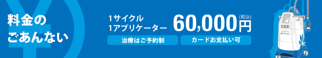 料金のごあんない/1サイクル 1アプリケーター 60,000円(税込)/治療はご予約制/カードお支払い可